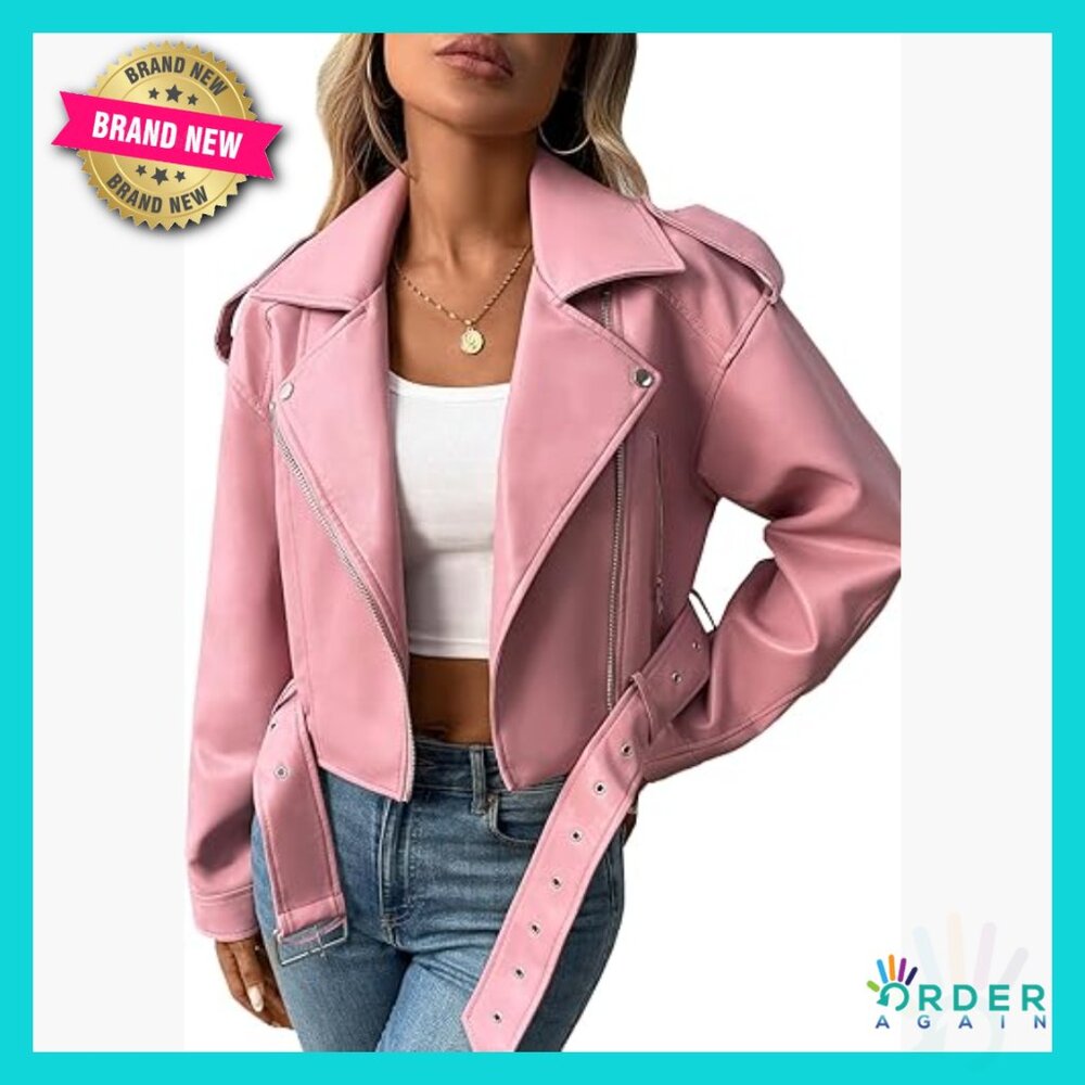 Faux Leather Cropped Jacket Vegan Motor Biker Coat with Belt Classic Chic